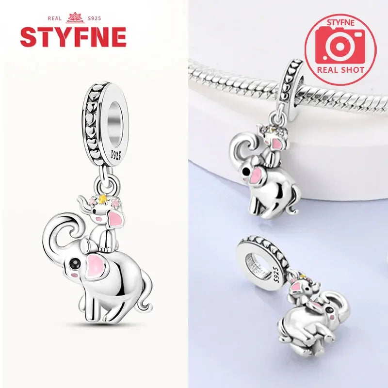 925 Sterling Silver Colorful Zircon Elephant Dangle Charm – Fits Original Pandora Bracelet DIY Fine Jewelry Gift for Women
