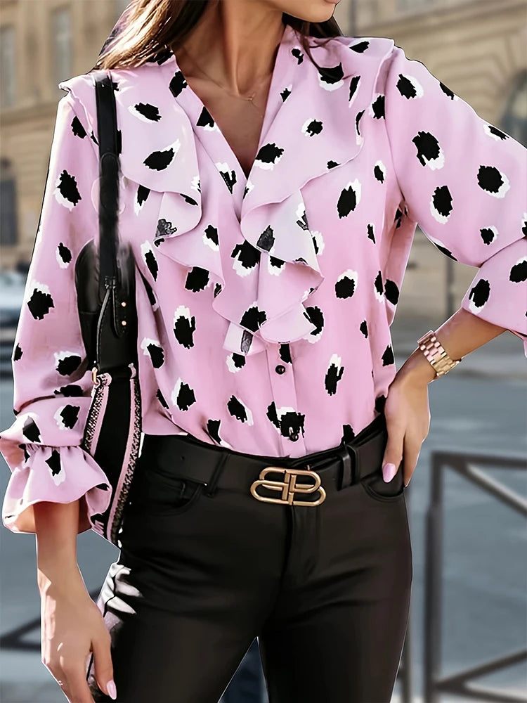 Ladies Spring Summer Long Sleeve V-Neck Ruffle Shirt – Loose Vintage Streetwear Women Top 🌿✨