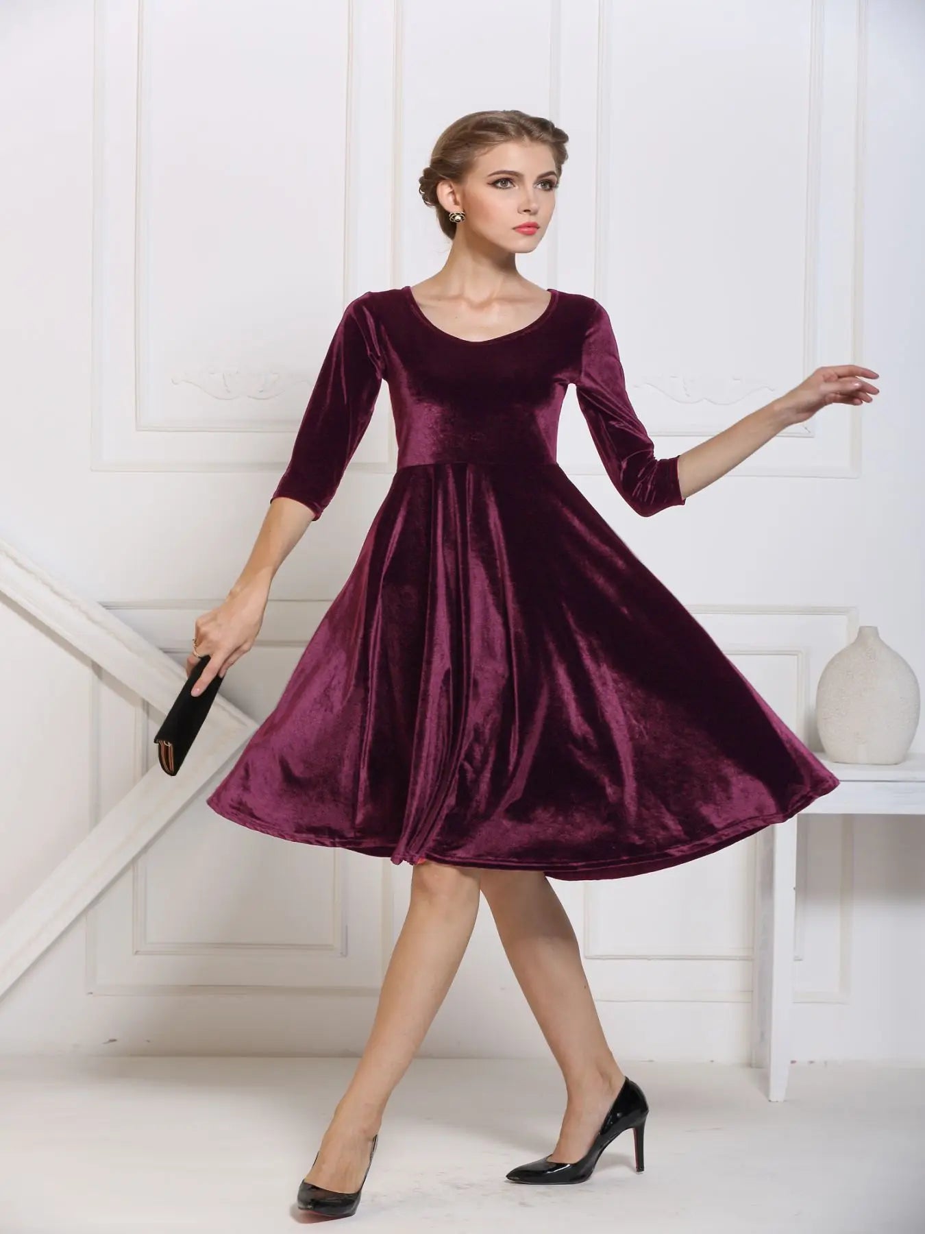 2025 Autumn Winter Navy Velvet Midi Dress – Three-Quarter Sleeve Elegant Evening & Bridesmaid Dress