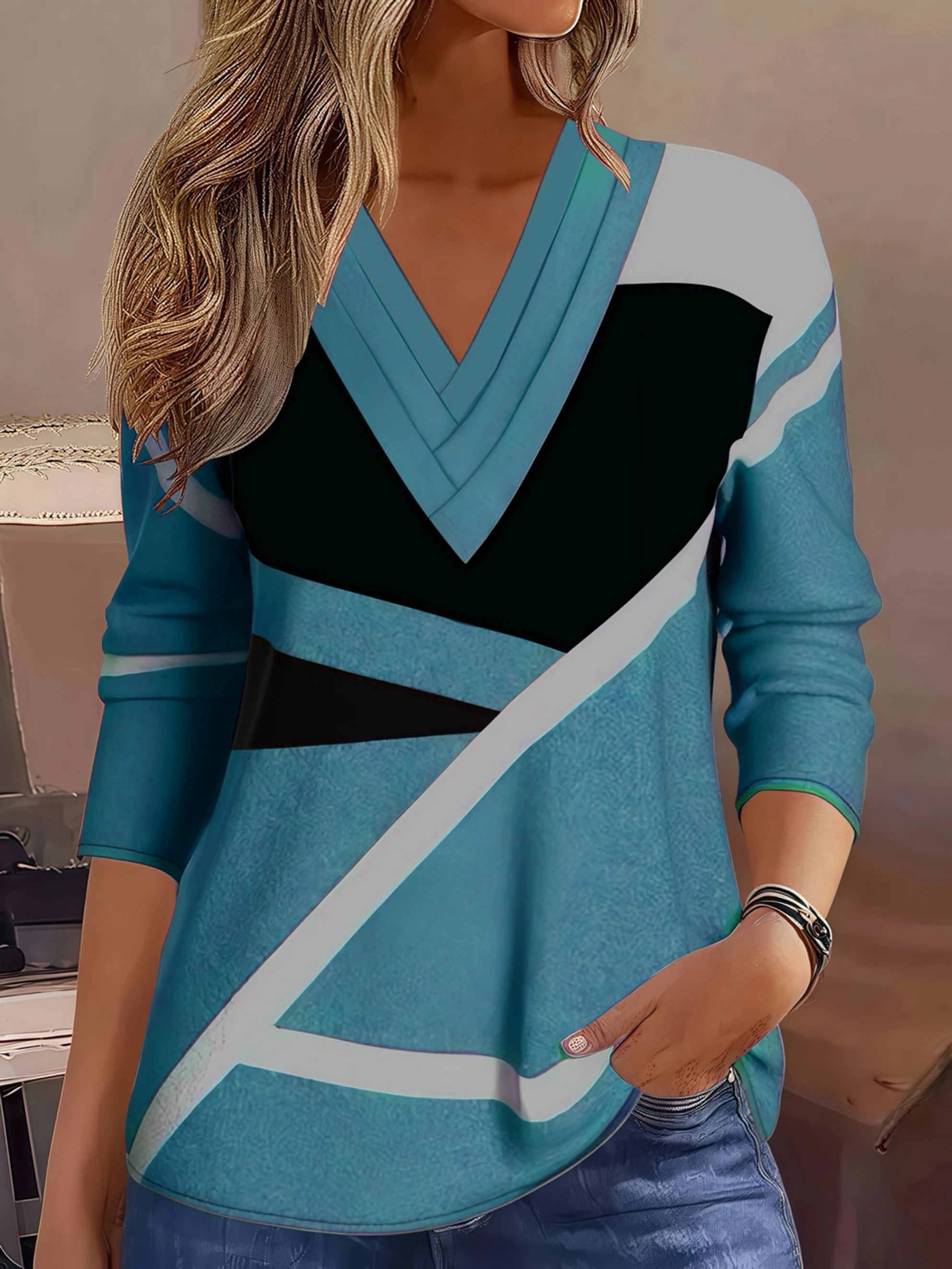 Elegant V-Neck Long Sleeve T-Shirt Women – Geometric Print Plus Size Fall Fashion Top 🍁✨