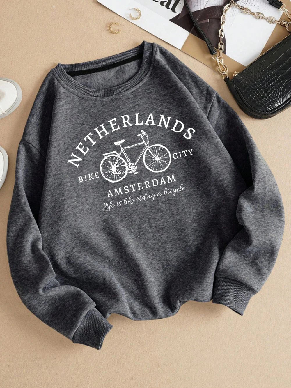 Netherlands Amsterdam Bike Design Pullover | Women’s Fleece Sweatshirt | Autumn Loose Crewneck Casual Top