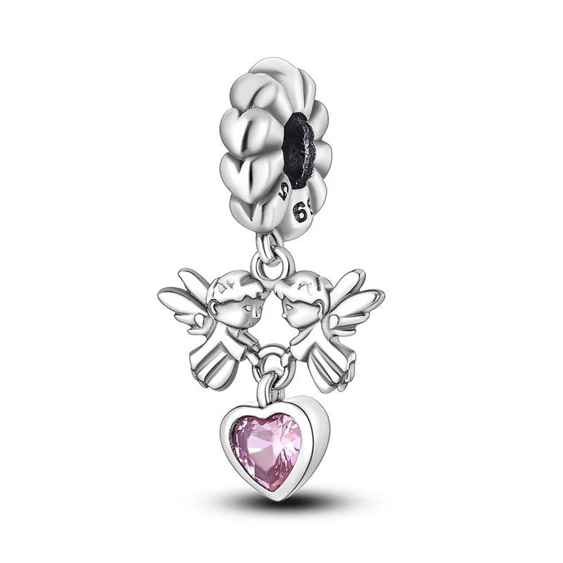 S925 Silver Angel Baby Charms | Heart Shape Wings Dangle Beads Fit Bracelet & Necklace