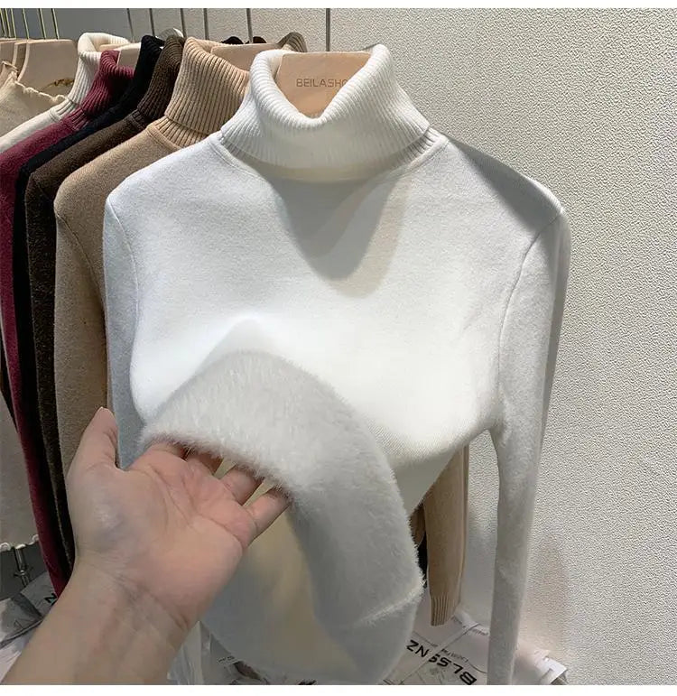 2025 Women’s High Collar Pullover Sweater – Thick Warm Soft Winter Top | Solid Color Bottoming Shirt