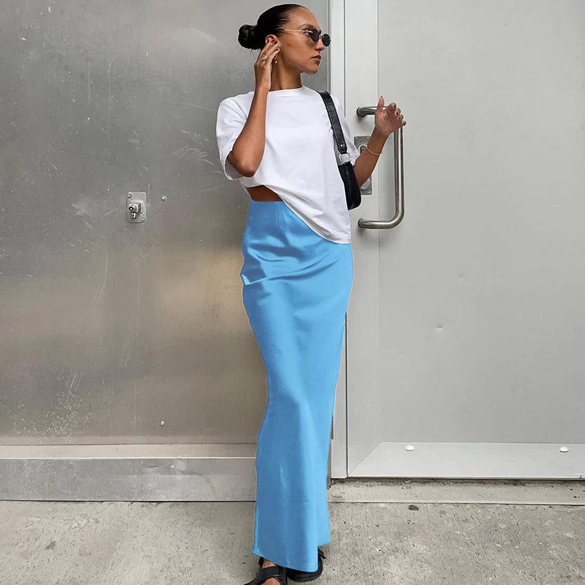 2024 Women’s Fashion Satin High Waist Midi Skirt – Stylish, Chic & Versatile Female Skirt
