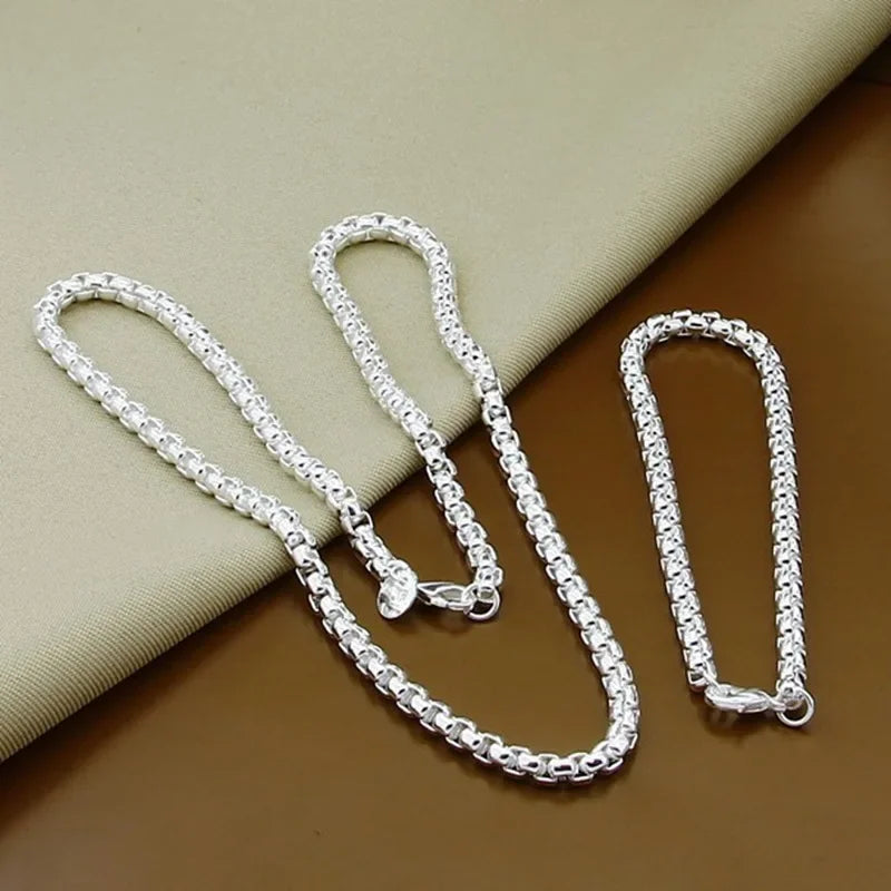 Wholesale 925 Sterling Silver 4mm Round Box Chain Necklace & Bracelet Set 45-60cm