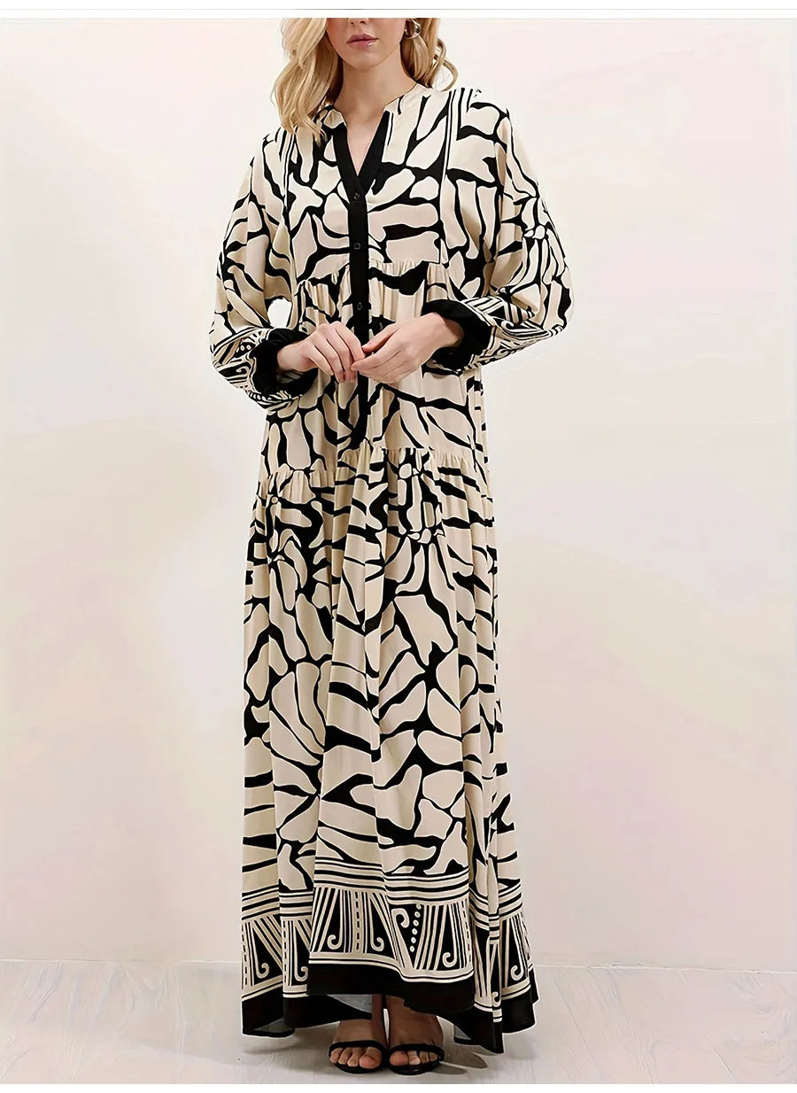 Elegant Long Sleeve V-Neck Loose Maxi Dress for Women | 2025 Autumn Middle East Fashion Casual Long Dress