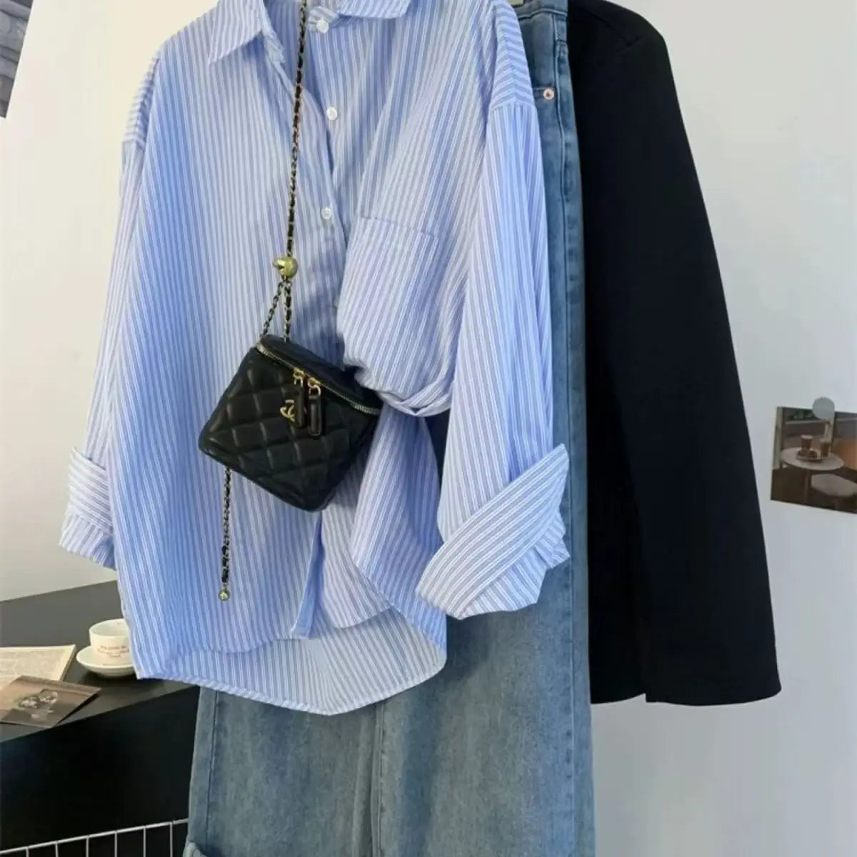 Retro Lazy Style Blue Striped Women’s Long Sleeve Shirt | Spring Autumn Design Sense Outerwear Blouse