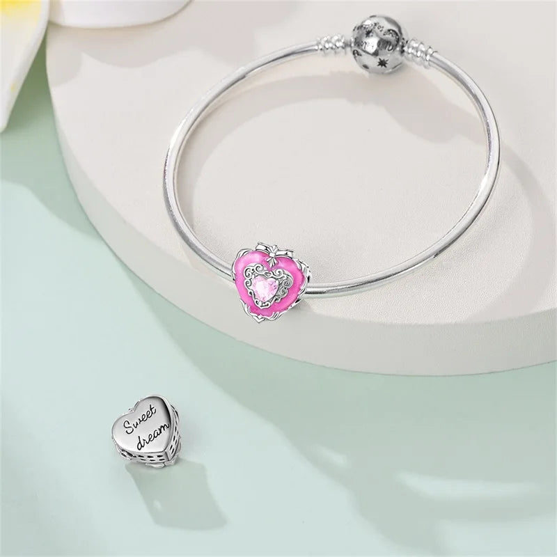 925 Silver Plated Magic Mirror Princess Angel Pink Charm Beads | Fits Original Pan 925 Bracelet | Exquisite DIY Jewelry