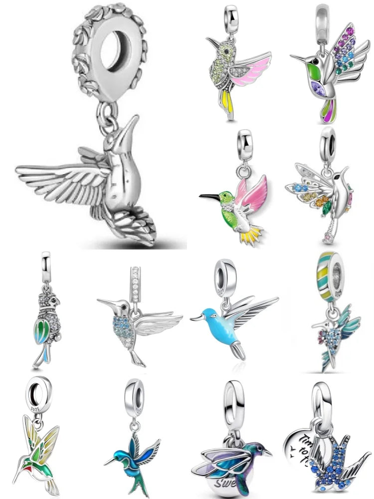 925 Sterling Silver Hummingbird & Swallow Pendant Charm | Fits Original European Bracelet DIY Women Jewelry