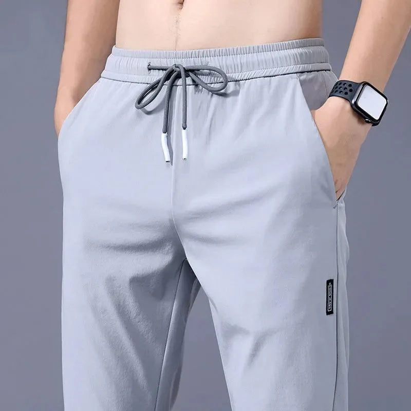 Ice Silk Men’s Pants 2023 – Black & Gray Summer Casual Business Straight Leg Sweatpants