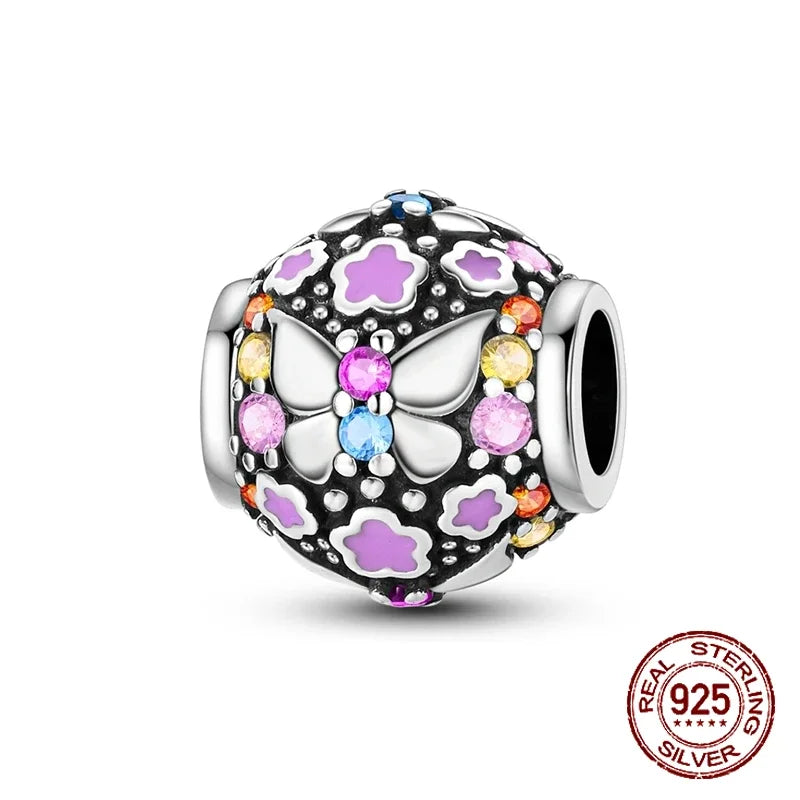925 Sterling Silver Purple Flower & Butterfly Dangle Charm | Bead for 4MM Bracelet or Necklace DIY Jewelry Gift