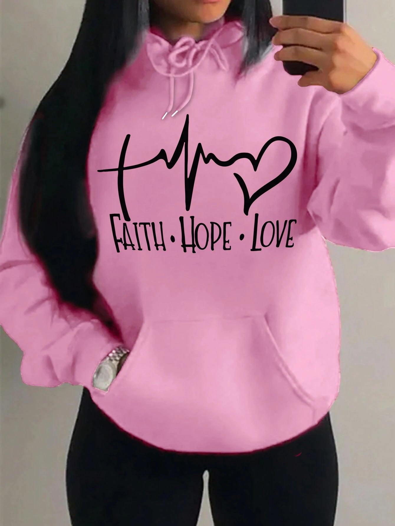 Faith Hope Love Letter Graphic Women’s Hoodie – Casual Loose Streetwear Fleece Pullover Autumn Top
