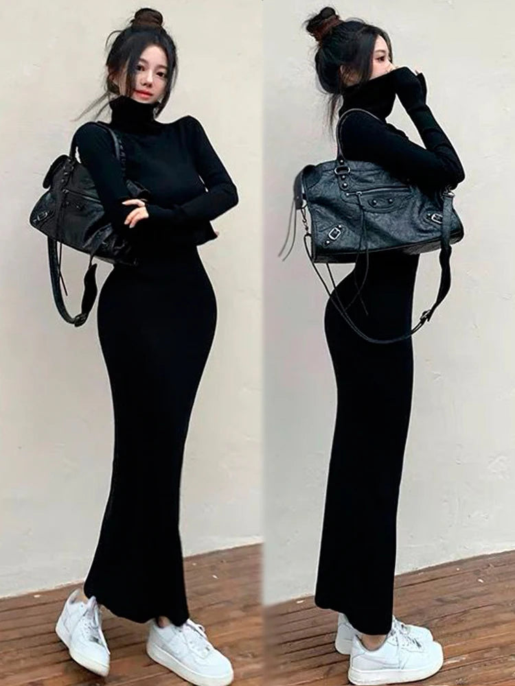 Slimming Black Long Sleeve High Collar Bodycon Dress – Tight Base Layer Wrap Skirt | Women’s Fashion Spring Autumn