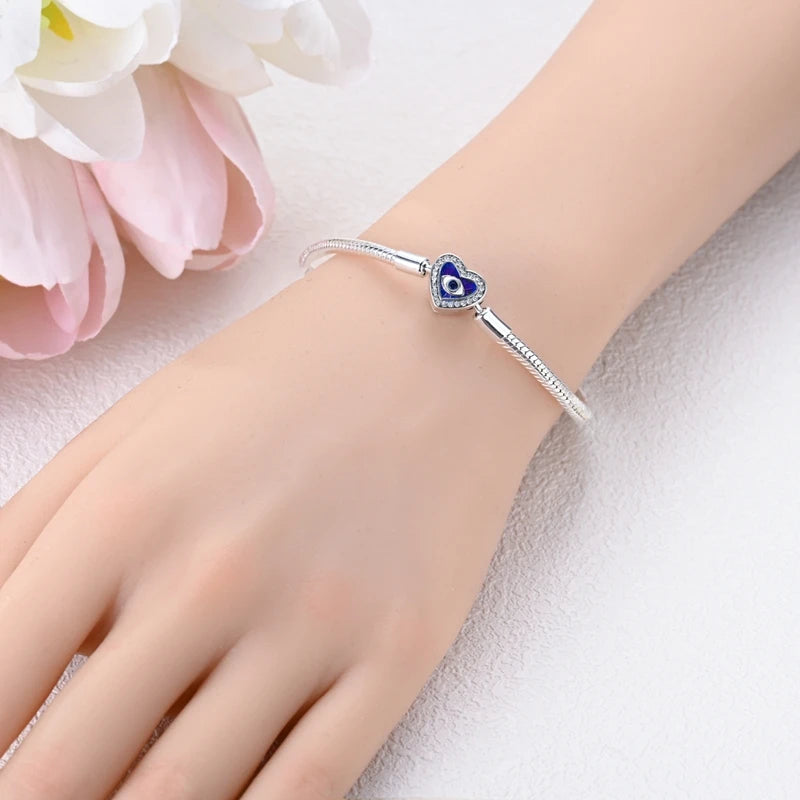 925 Sterling Silver Evil Eye Bracelet with Hand of Fatima | Blue Zircon Protection Charm Jewelry for Women