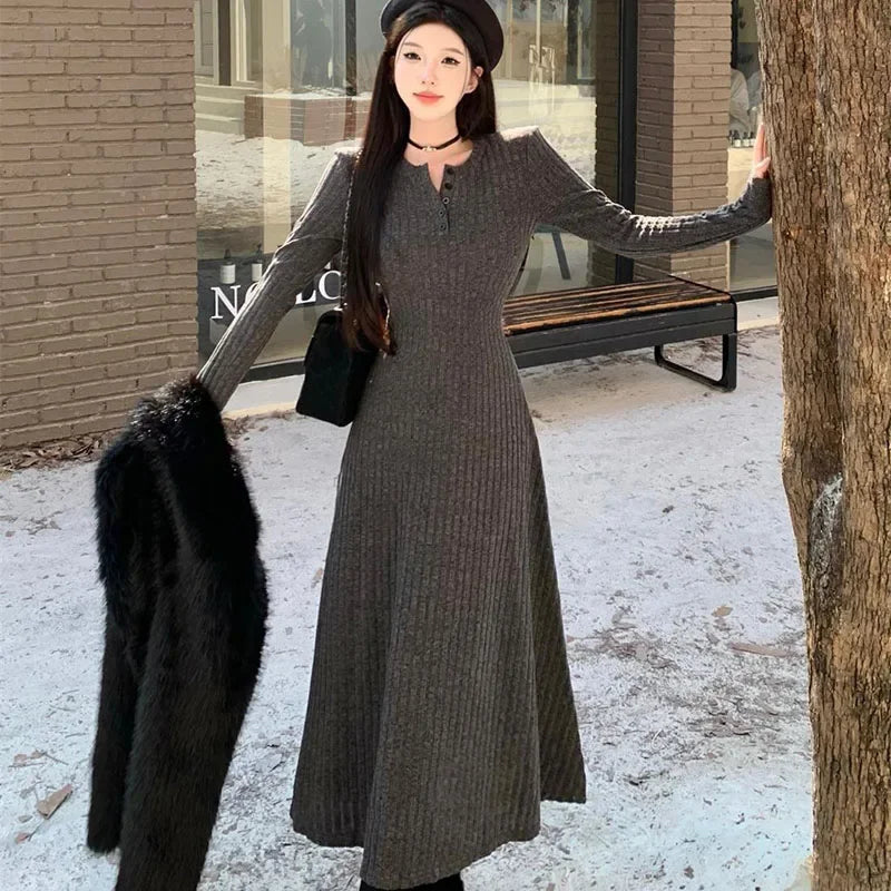 SMVP Elegant Slim High Waist Knit Dress for Women – Autumn Winter Long Sleeve Warm Vintage Long Dress | Streetwear Vestidos