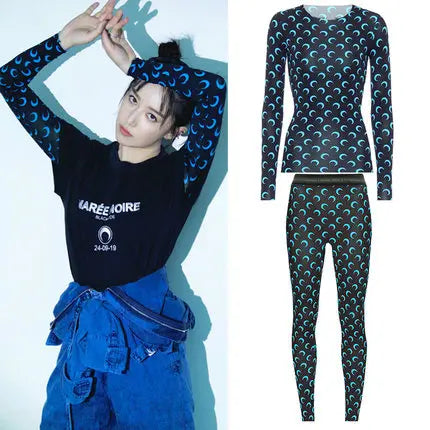 American Retro Women’s Two-Piece Set – Ice Silk Top & Pants with Moon Print Long Sleeve 🌙✨