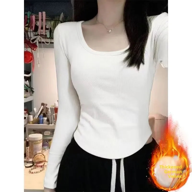 Women’s Long Sleeve Fleece-Lined Slim Fit Base Layer Top – Warm Velvet Thinned T-Shirt for Autumn Winter Workwear