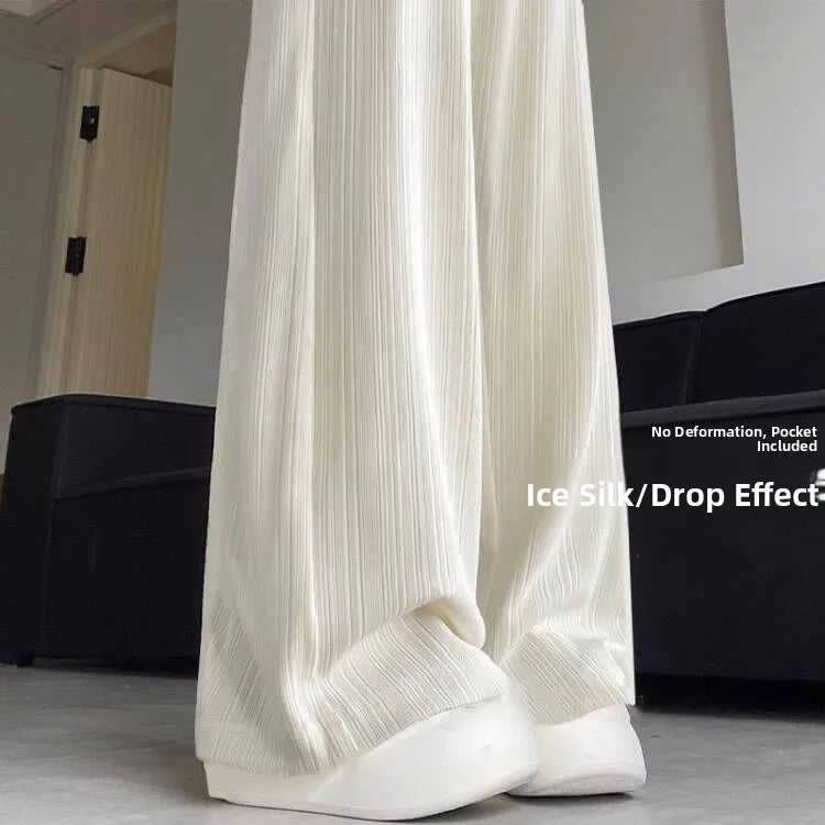 New 2025 Women’s Ice Silk Wide Leg Pants – High Waist Loose Thin Straight Casual Korean Trousers