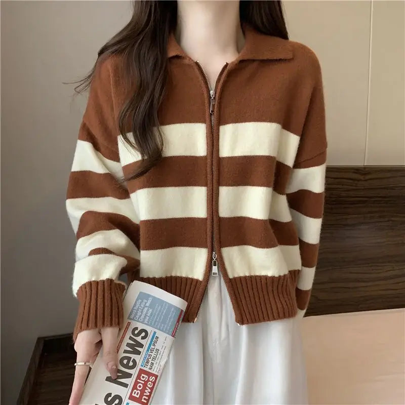 🔥 Retro American Spicy Long Sleeve Sweater for Women 🍂 Winter Loose Fit Knit Top | Unique Stripe Lazy Style Pullover ❄️