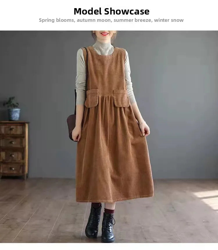 Artistic Corduroy Overall Dress for Women – H-Line Casual Wear, Medium Stretch Comfortable Autumn Season Single Piece