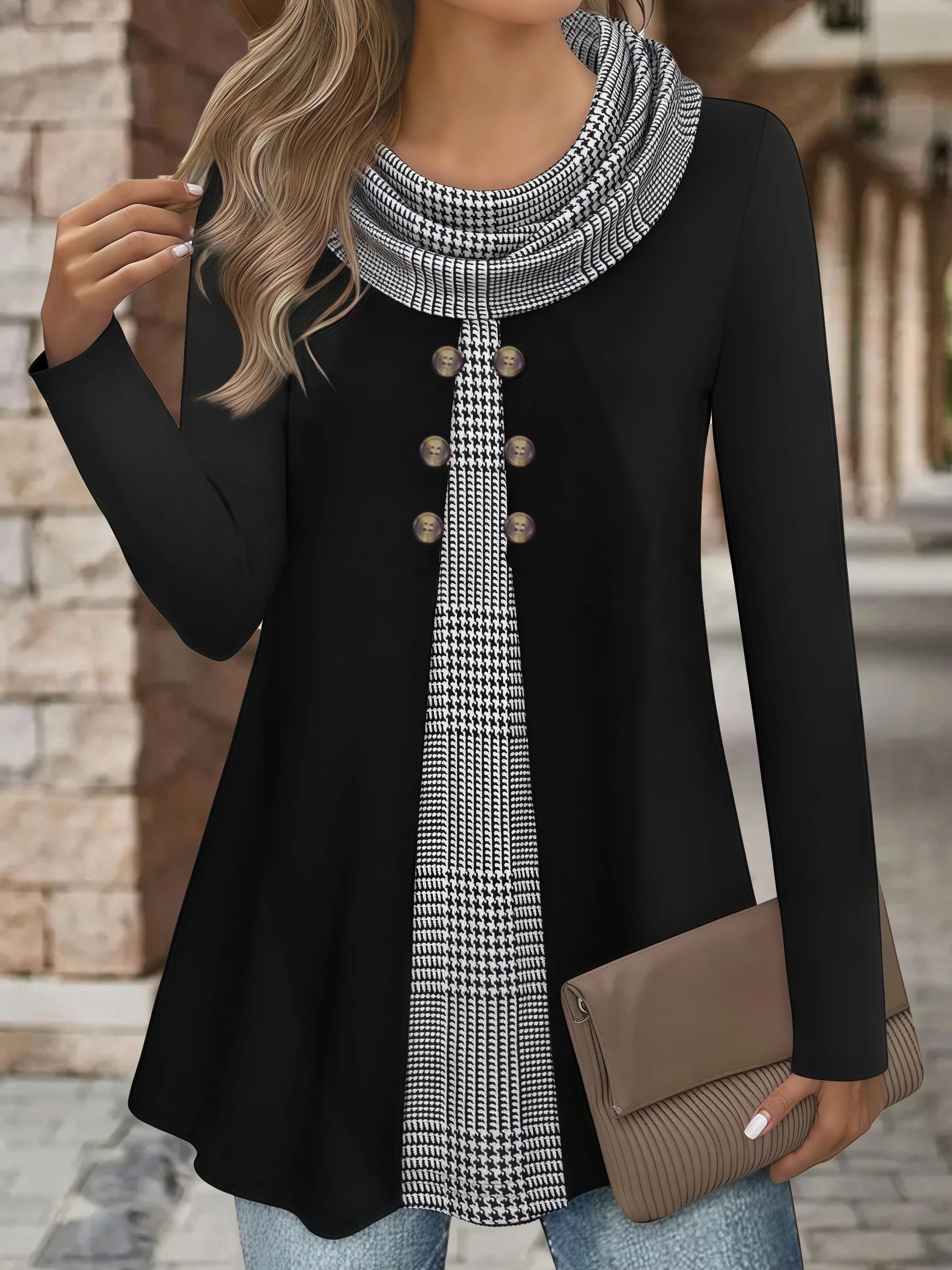 European & American Plaid Print Fake Two-Piece Plus Size Long Sleeve T-Shirt – Pleated Scarf Button Top 👚✨