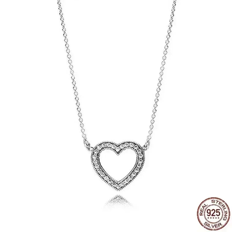 New 925 Sterling Silver Sparkling Heart-Shaped Square Pendant Necklace for Women