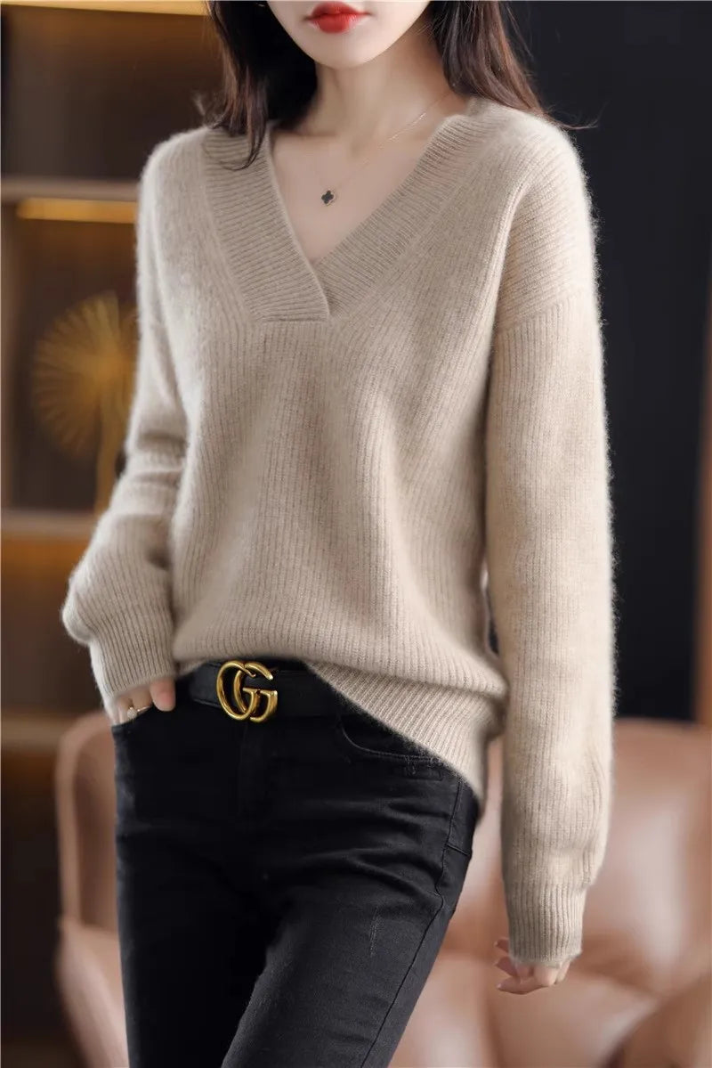 Autumn Winter Women’s V-Neck Knit Sweater – Solid Loose Pullover Soft Warm Casual Top