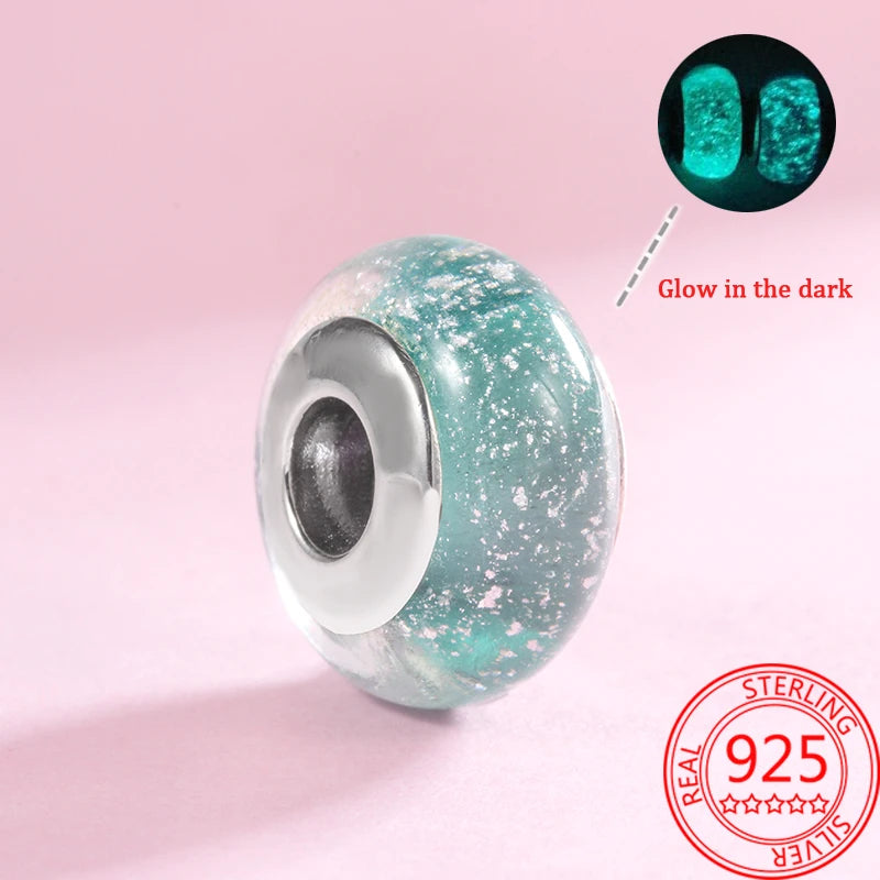 925 Sterling Silver Murano Glass Galaxy & Clover Heart Beads | Fit Pandora Bracelet DIY Jewelry Gift for Mum