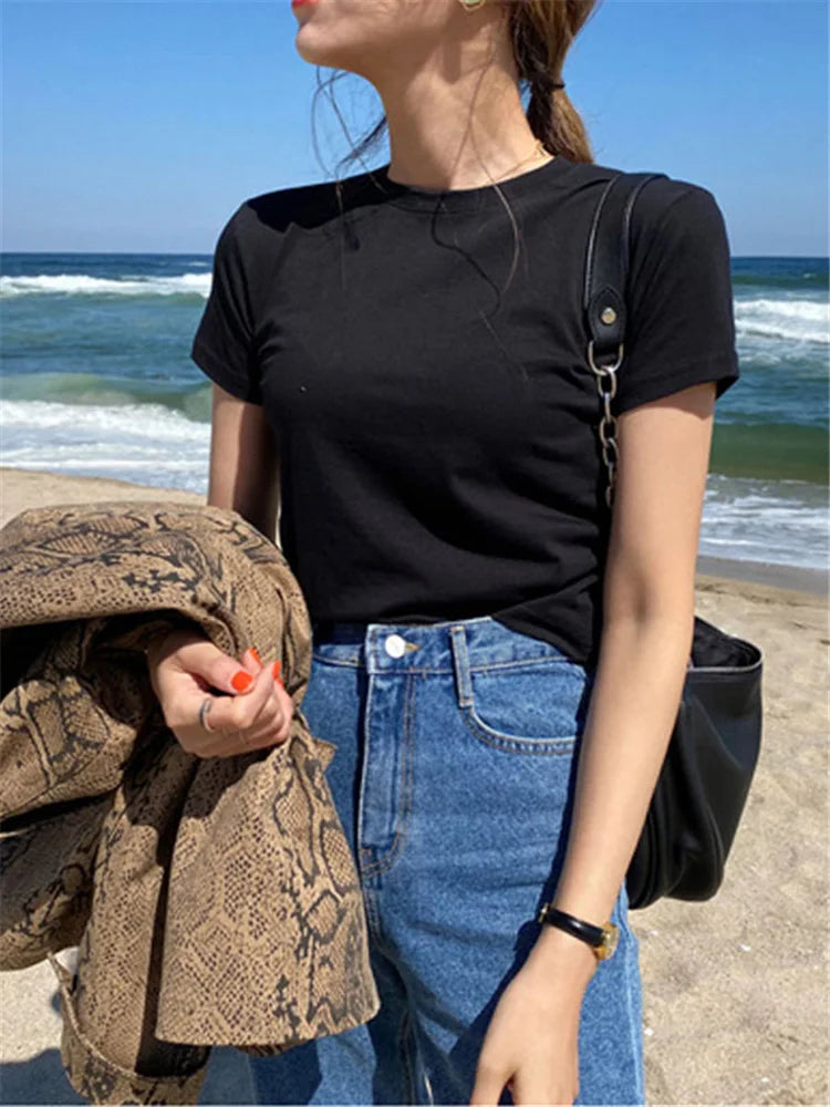 Black Pure Cotton Short Sleeve T-Shirt for Women | Slim Fit Summer Base Top | Thin Inner Wear Casual Tee