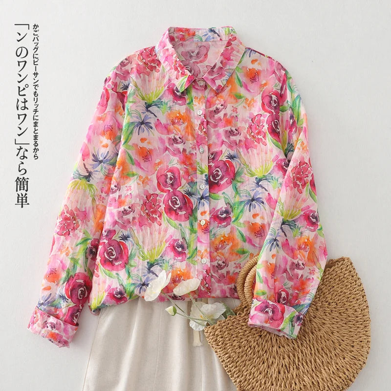 THHONE Spring Elegant Women’s Blouse 2025 | Single-Breasted Loose Print Vintage Shirt | Casual Women’s Top