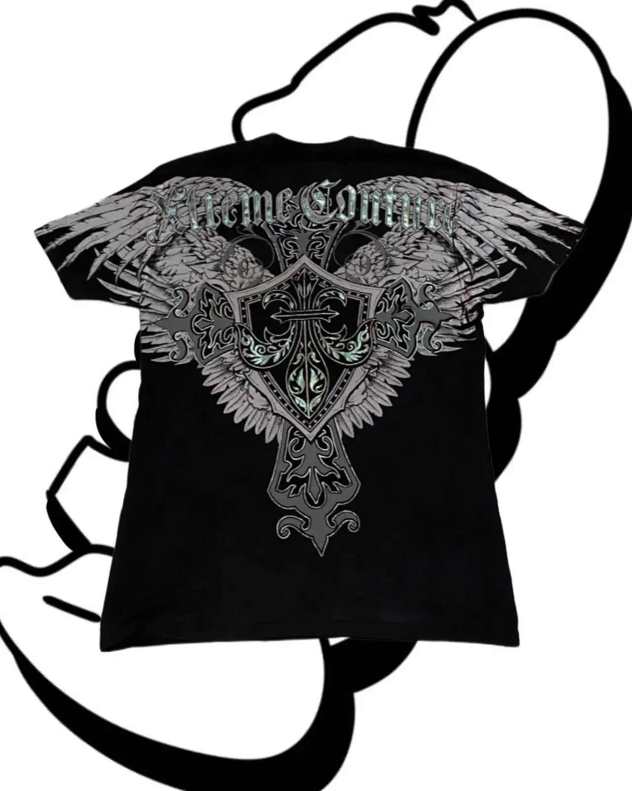 Vintage Avirex Black Short Sleeve T-Shirt | Rhinestone Double-Sided Print Retro Streetwear Top
