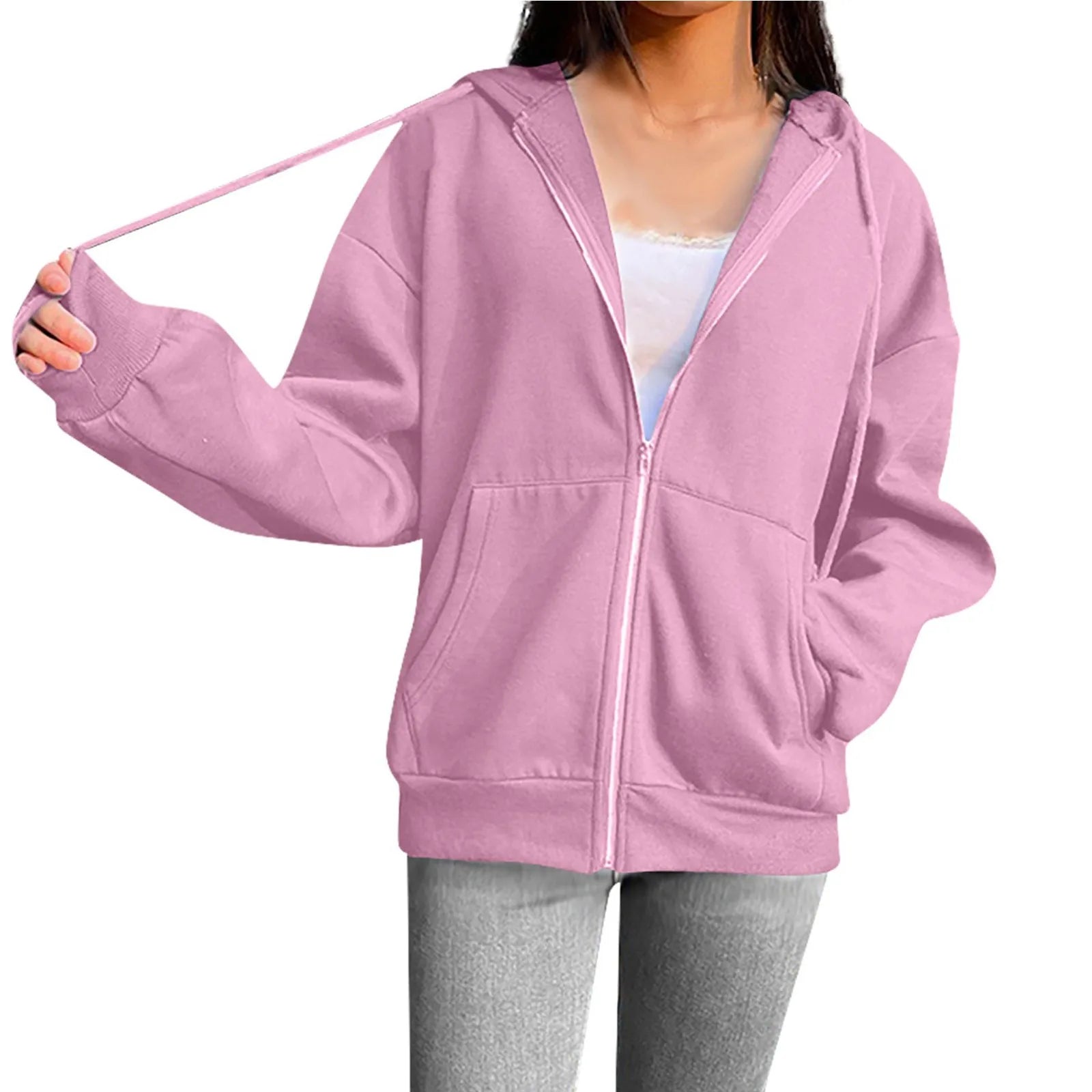 Spring Autumn Women Solid Color Hooded Sweatshirt Coat | Zipper Pocket Hoodie Jacket | Casual Outerwear Femme