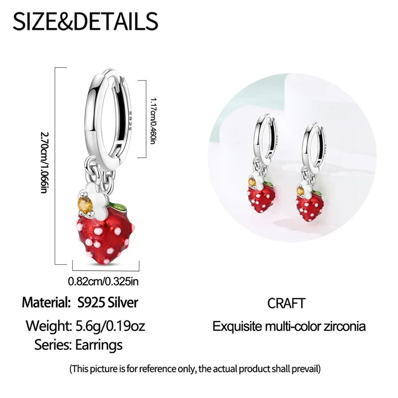 Original 925 Sterling Silver Fruit Series Earrings | Cherry & Strawberry Zircon Hoop Studs for Women Girls Party Jewelry