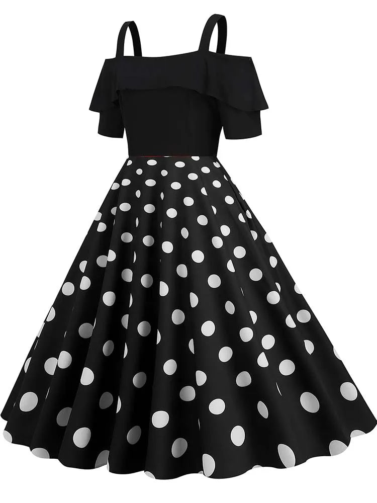 Off-Shoulder Elegant Vintage Party Dress – Women’s Summer Polka Dot Ruffles A-Line Midi Dress