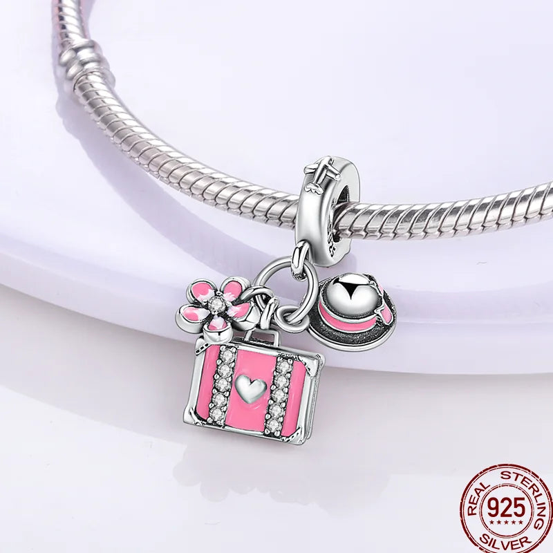 925 Sterling Silver Romantic Princess Charm Beads – Pink Dress, Lipstick & Dancing Shoes Fit 3MM Bracelet