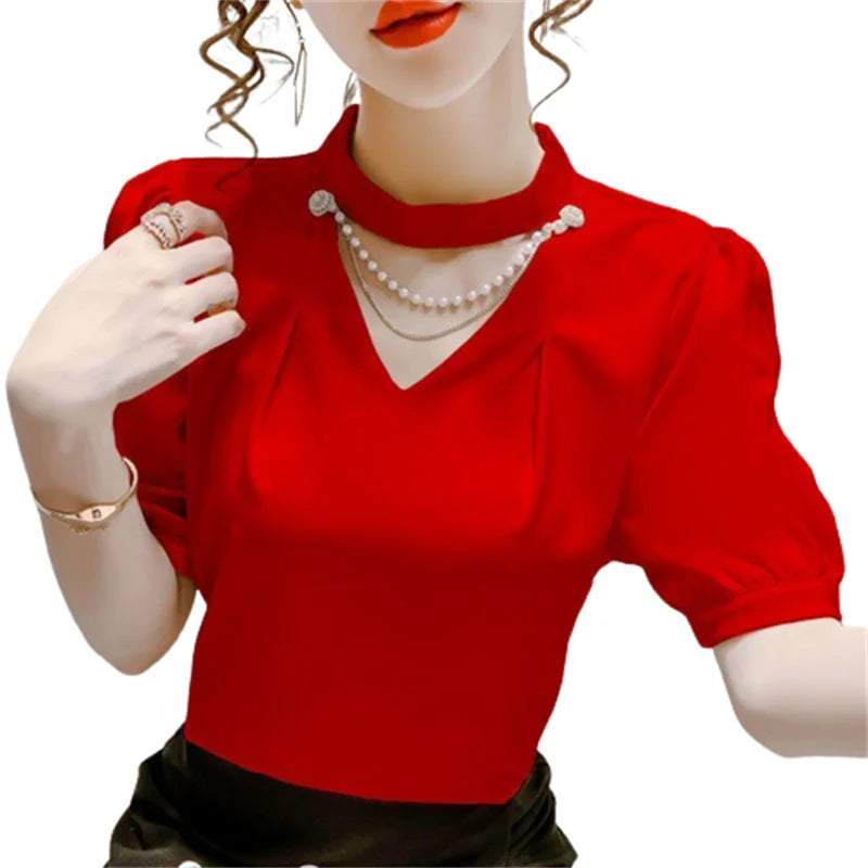 Women’s Summer Puff Sleeve O-Neck Blouse – Solid Pearl Casual Fashion Top WY0227 🌸✨