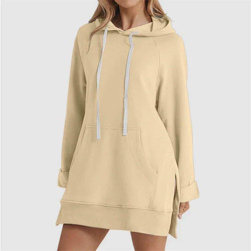 Women’s Hoodie Dress | Loose Mid-Length Pullover | Slit Hem Hooded Top with Pocket