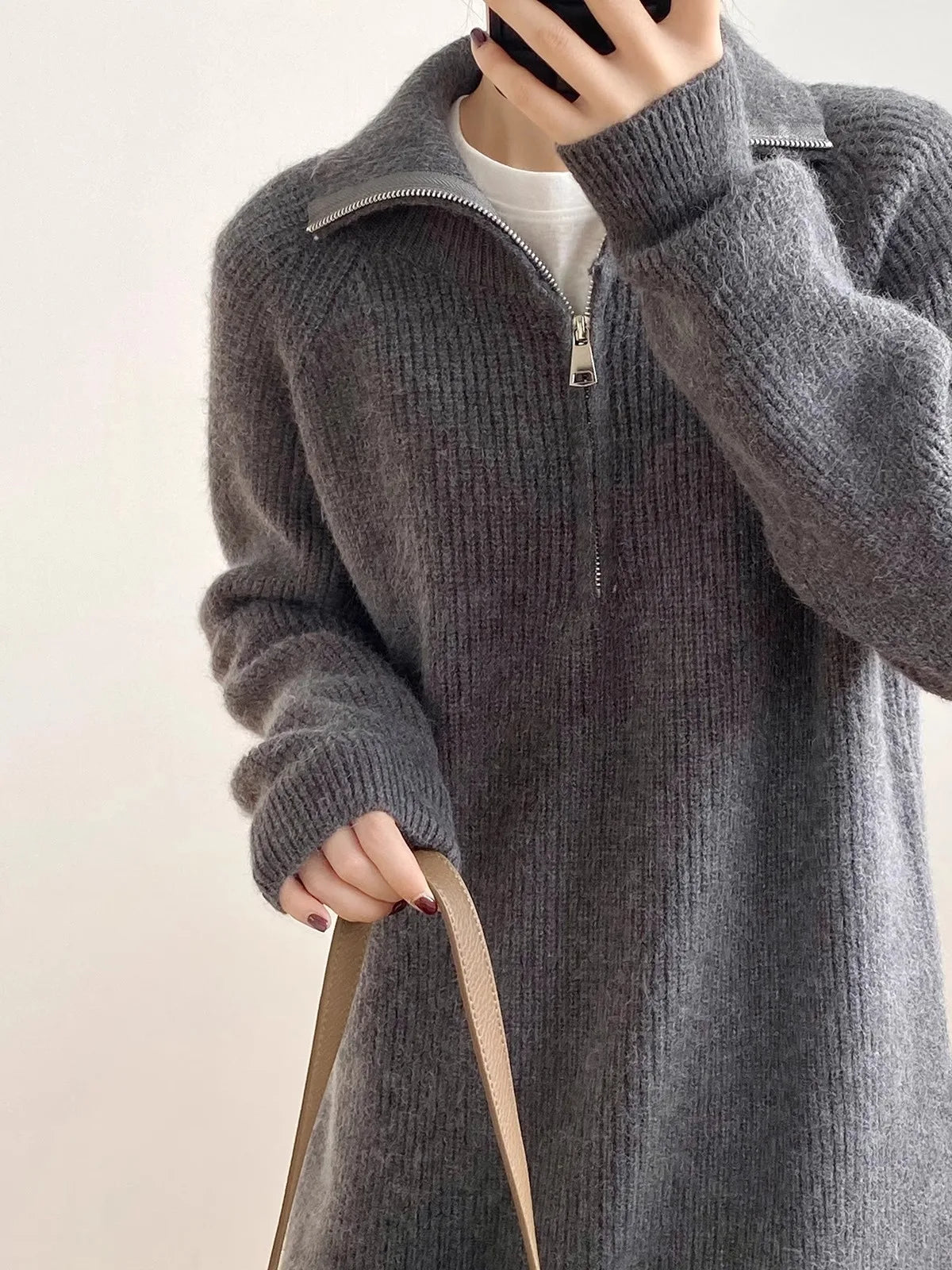 Thickened Long Sleeve Knitted Dress with Zipper Collar – Straight Tube Korean Style Winter Women’s Commute Warm Dress