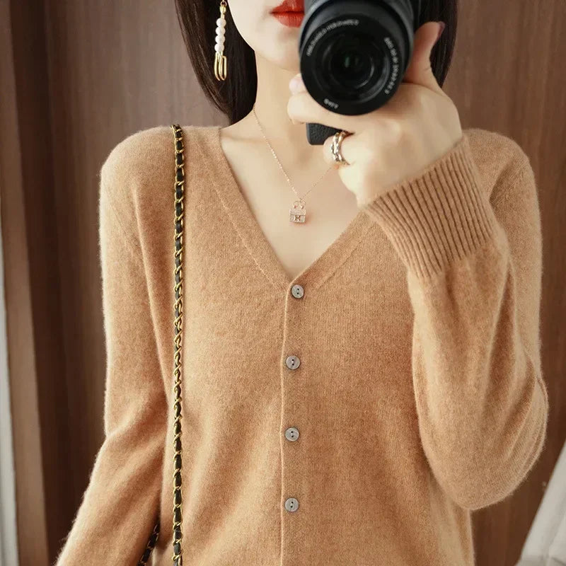 Women Cardigans V-Neck Long Sleeve Knitted Outerwear – Korean Fashion Solid Thin Spring Autumn Sweater