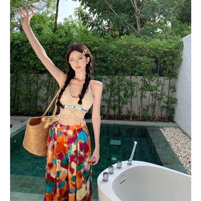 Vacation Style High Waist Wide Leg Pants – Thin Long Ethnic Print Pants for Beach & Holiday Wear