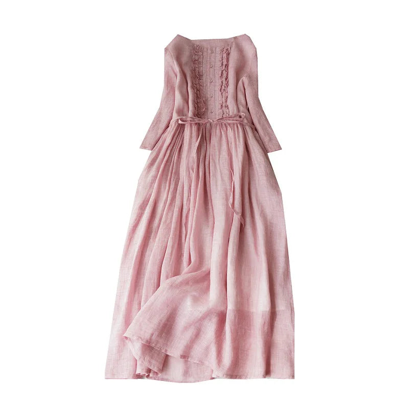 Japanese Style Women’s Long Sleeve Cotton Linen Dress | Wooden Ear Design Loose A-Line Skirt with Waist Belt