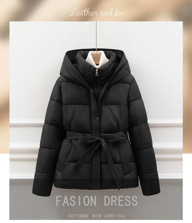 Slimming Cotton Down Jacket for Women | Hooded Winter Coat with Drawstring Waist | Lightweight Warm Outerwear