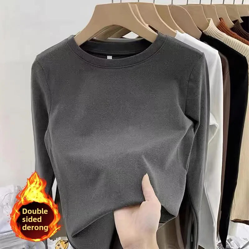 Women’s Winter Thickened Fleece-Lined Round Neck Long Sleeve Base Shirt | Slim Fit Solid Color Thermal Inner Wear Top