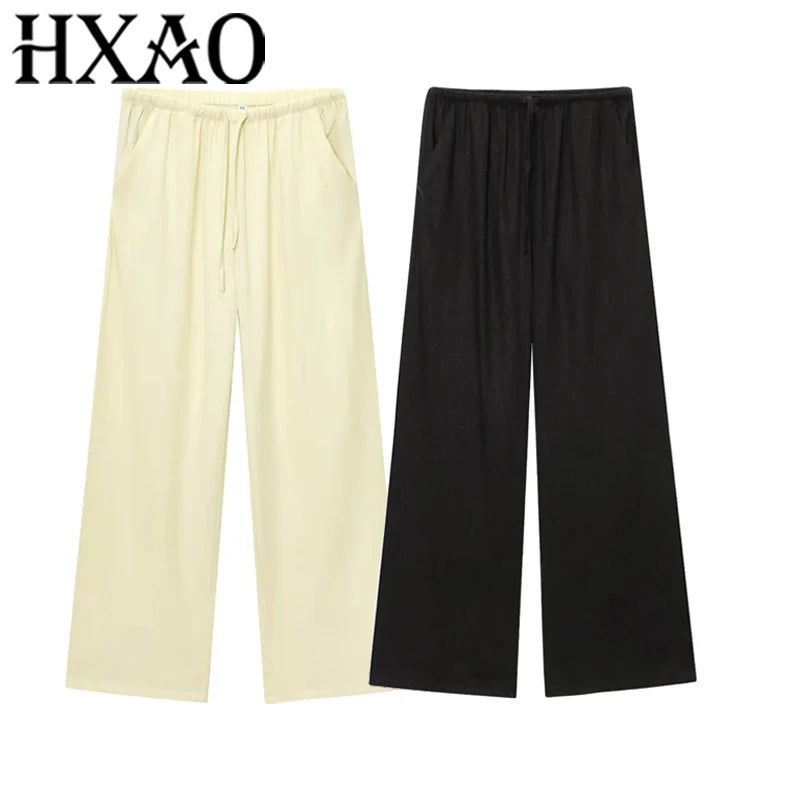 HXAO Women’s Baggy Wide Pants – Summer Linen Casual High Waist Pleated Trousers Black & White