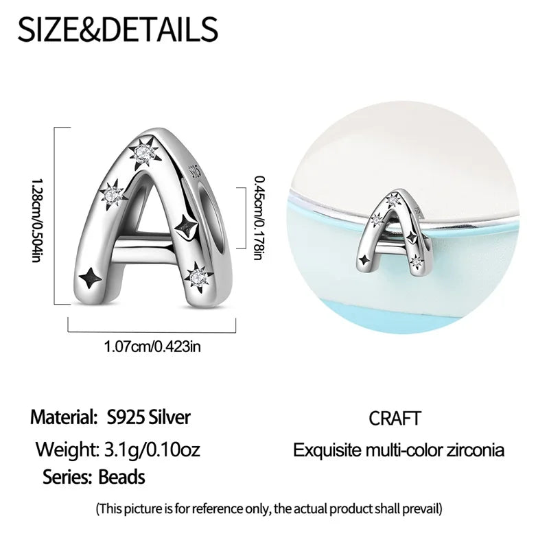 Classic 925 Sterling Silver A–Z Alphabet Charms | Letter Beads with Stars Fit Original Bracelet DIY Jewelry for Women