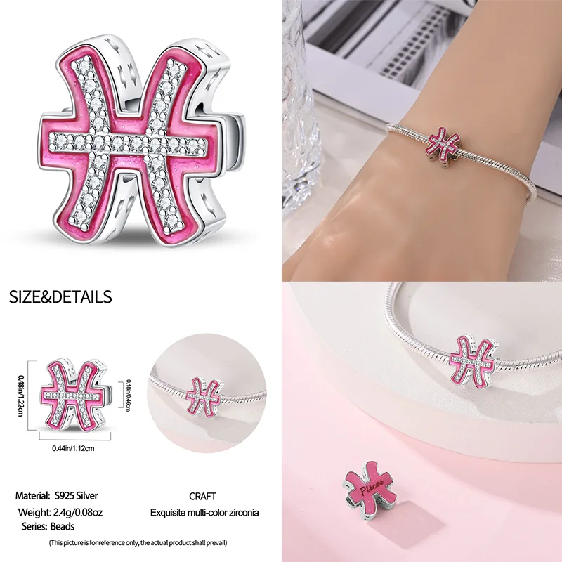 925 Sterling Silver Pink Zircon 12 Zodiac Signs Charms | Fit Original Pandora Bracelets DIY Jewelry Gift for Women
