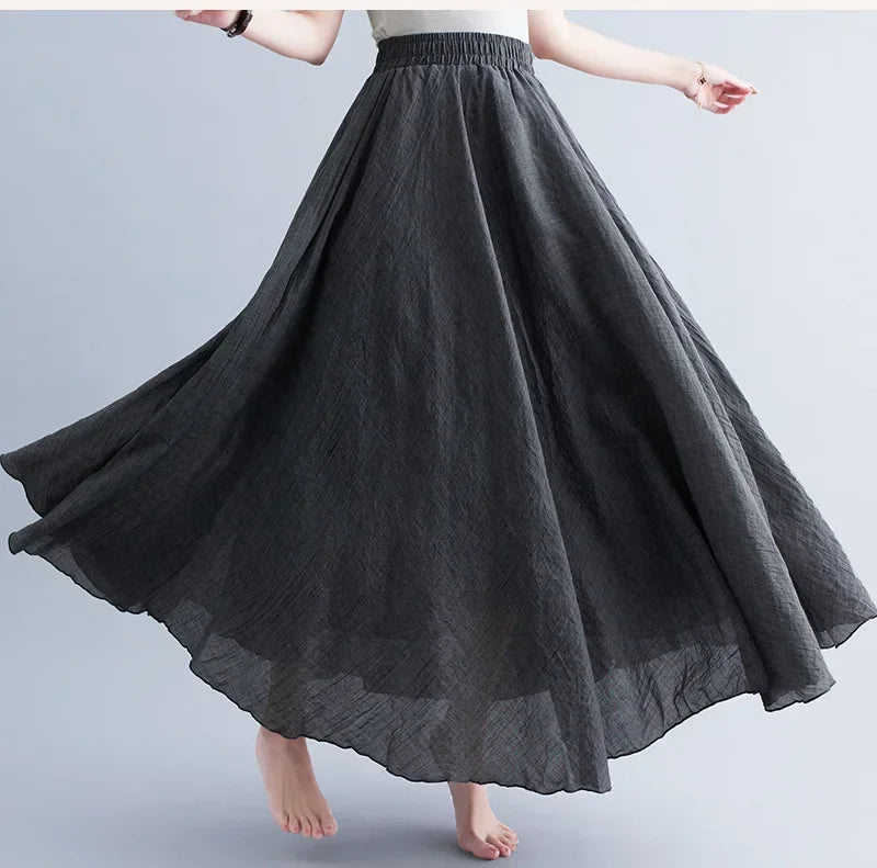 Fashion Solid Cotton Linen Women Maxi Skirt – Elegant Harajuku Casual Loose Long Skirt 👗✨