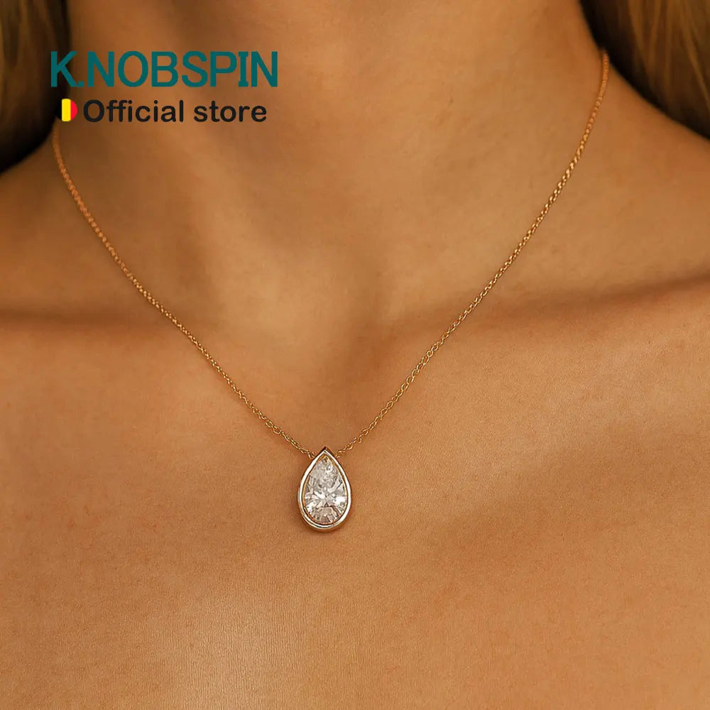 KNOBSPIN 1-4CT Pear Cut Moissanite Necklace – S925 Sterling Silver Solitaire Pendant for Women