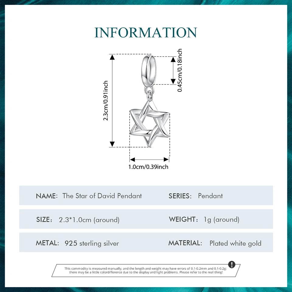 BAMOER 925 Sterling Silver Star of David Pendant | Polished Hexagram CZ Bead | Fits Original Bracelet DIY Jewelry Accessories