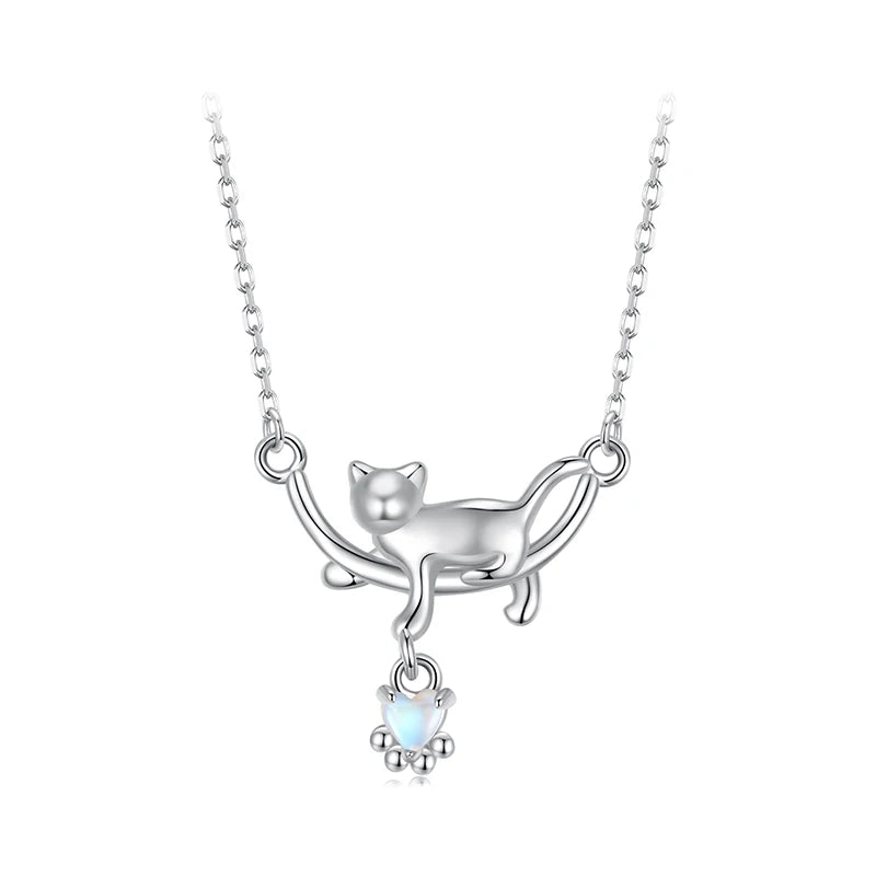 WOSTU 925 Sterling Silver Cat & Rabbit Moon Necklace | Star Zircon Pendant for Women Fine Jewelry Gift